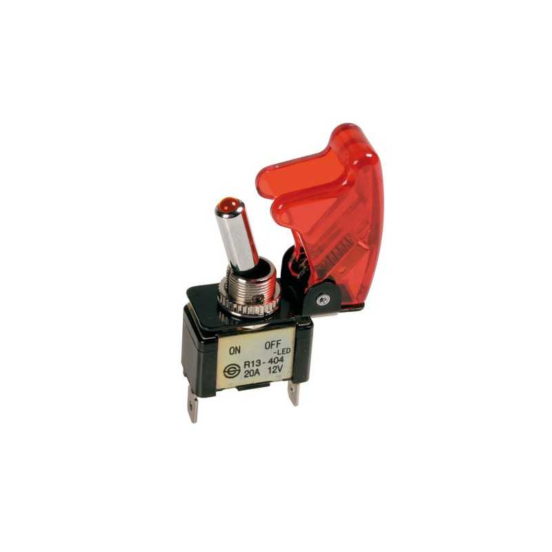 Interruttore a leva con sicura in alluminio con spia a Led - 12 24V - Rosso - 20A