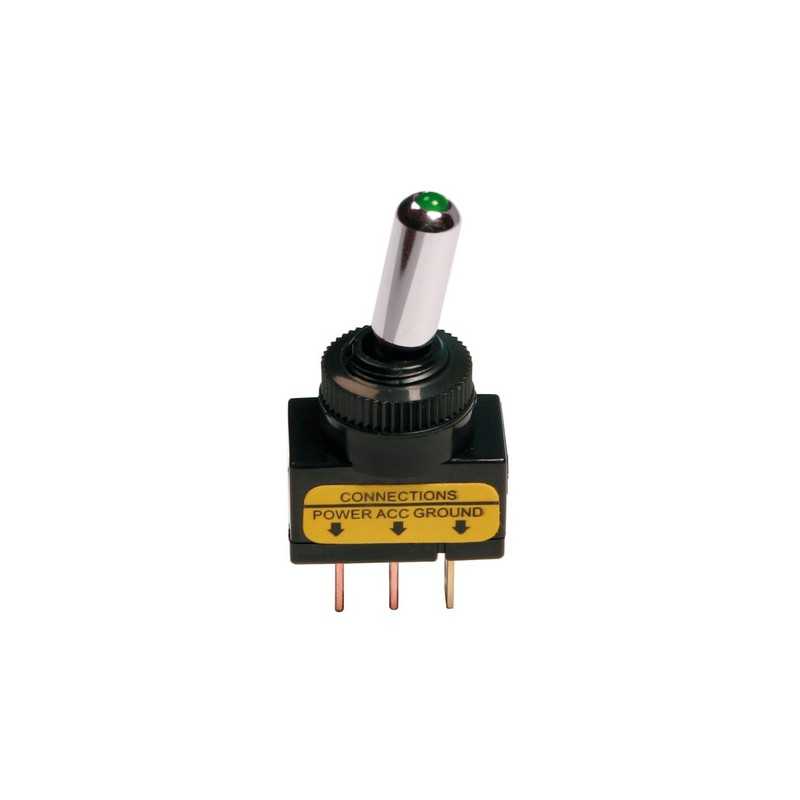 Interruttore a leva tipo Racing in alluminio con spia a Led - 12 24V - Verde - 20A
